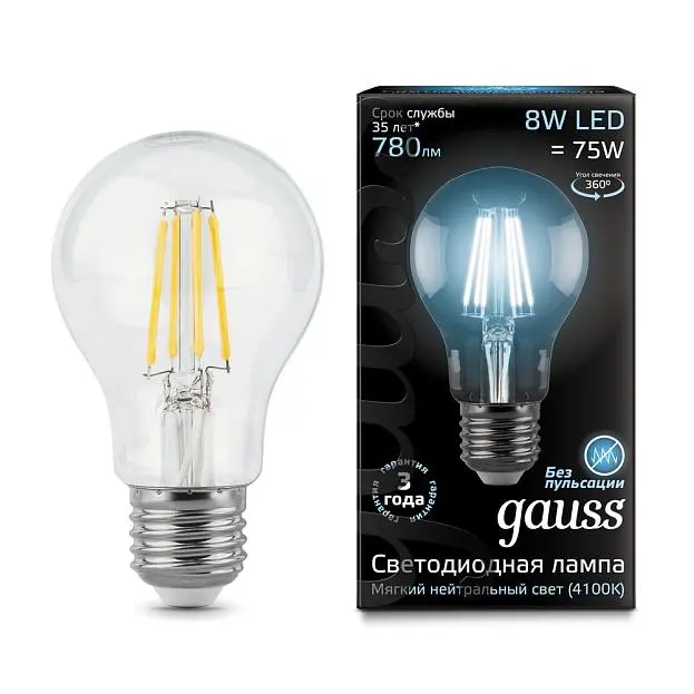 Лампа Gauss 102802208 филаментная E27 8W 4100К груша прозрачная Filament A60 Лампа Gauss 102802208 филаментная E27 8W 4100К груша прозрачная Filament A60