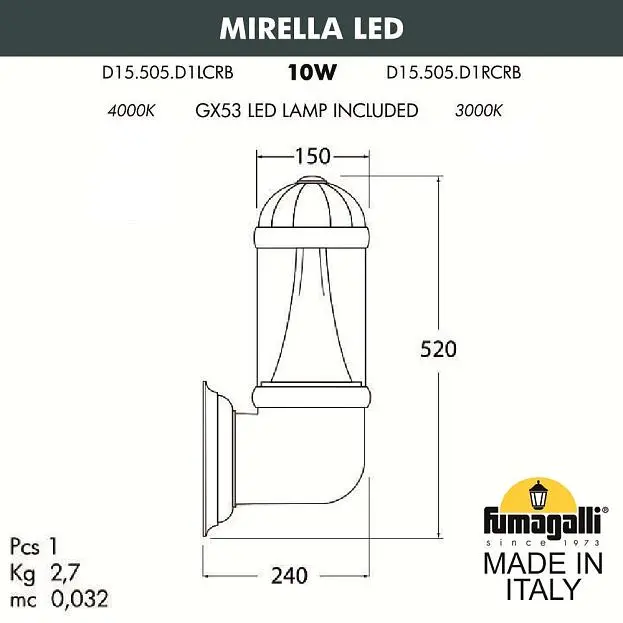Уличный настенный светильник FUMAGALLI MIRELLAD15.505.000.BXD1L.CRB Sauro Уличный настенный светильник FUMAGALLI MIRELLAD15.505.000.BXD1L.CRB Sauro