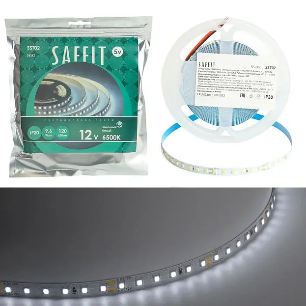 Светодиодная лента 120SMD(2835)/м 9.6Вт/м 12V 5000*8*1.22мм 6500К, IP20 SAFFIT 55242 SST02 Светодиодная лента 120SMD(2835)/м 9.6Вт/м 12V 5000*8*1.22мм 6500К, IP20 SAFFIT 55242 SST02