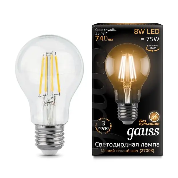 Лампа Gauss 102802108 филаментная E27 8W 2700К груша прозрачная Filament A60 Лампа Gauss 102802108 филаментная E27 8W 2700К груша прозрачная Filament A60