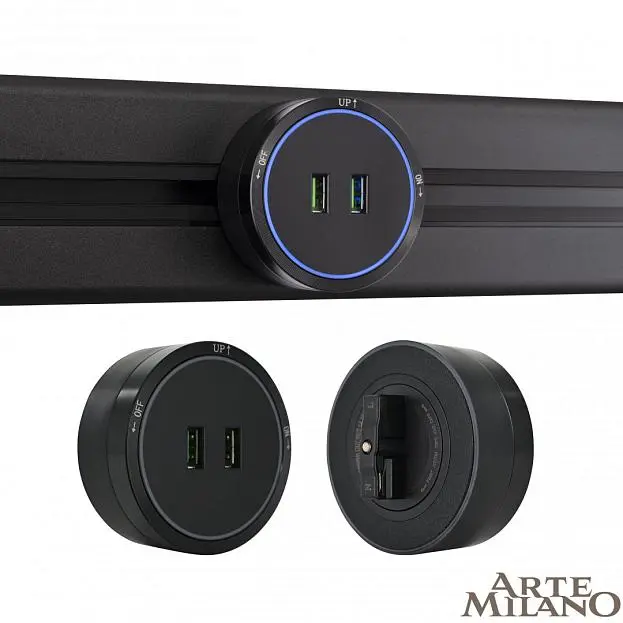 Трековая розетка, 2.1A 250V Arte Milano 380066TS LED/USBx2 Black Am Трековая розетка, 2.1A 250V Arte Milano 380066TS LED/USBx2 Black Am