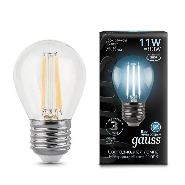 Лампа Gauss 105802211 E27 11W 4100K прозрачная Filament Globe Лампа Gauss 105802211 E27 11W 4100K прозрачная Filament Globe