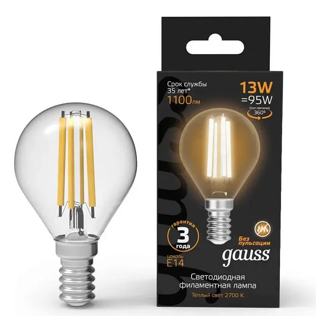 Лампа светодиодная Gauss 105801113 E14 13W 2700K прозрачная Filament Лампа светодиодная Gauss 105801113 E14 13W 2700K прозрачная Filament