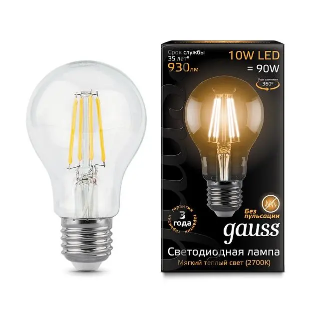 Лампа Gauss 102802110 филаментная E27 10W 2700К груша прозрачная Filament A60 Лампа Gauss 102802110 филаментная E27 10W 2700К груша прозрачная Filament A60