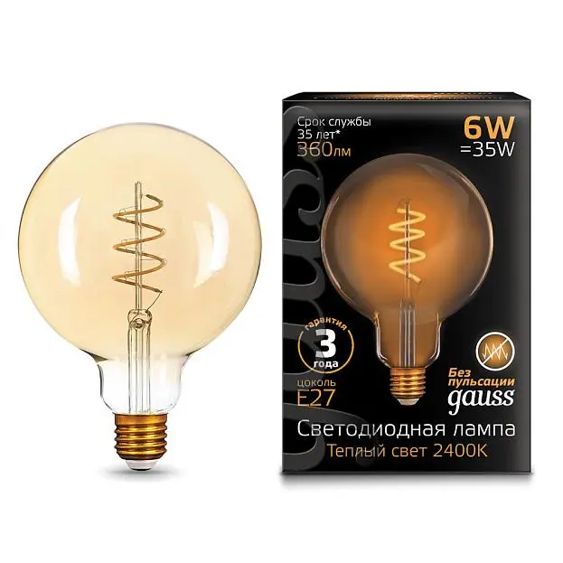 Лампа Gauss 158802008 E27 6W 2400K золотая Filament Globe Лампа Gauss 158802008 E27 6W 2400K золотая Filament Globe