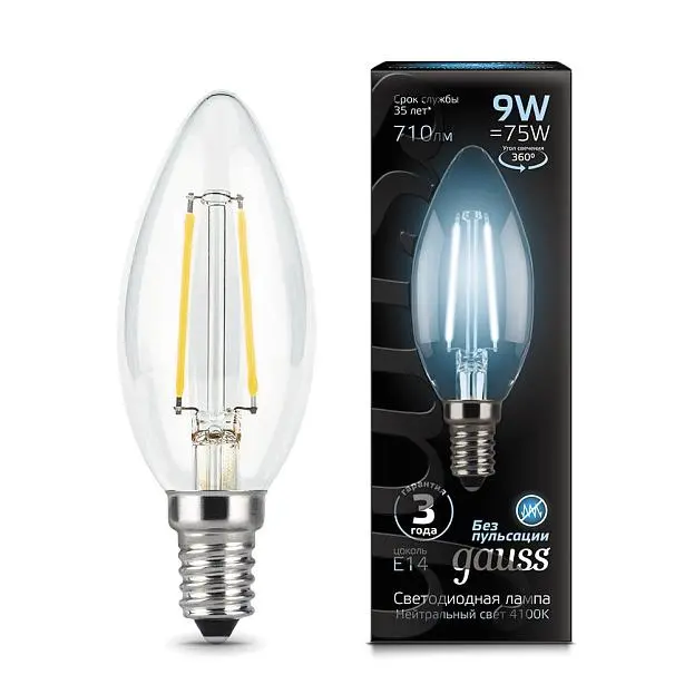 Лампа Gauss 103801209 филаментная E14 9W 4100К свеча прозрачная Filament Candle Лампа Gauss 103801209 филаментная E14 9W 4100К свеча прозрачная Filament Candle
