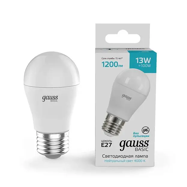 Лампа светодиодная E27 13W 4000K матовая 10502232 Gauss Basic Шар Лампа светодиодная E27 13W 4000K матовая 10502232 Gauss Basic Шар