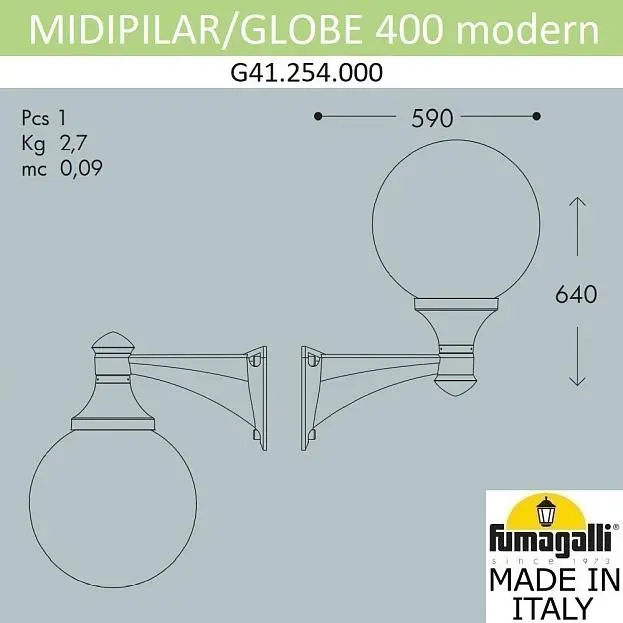 Уличный настенный светильник FUMAGALLI MIDIPILAR/GLOBE 400 modern G41.254.000.LYE27 Уличный настенный светильник FUMAGALLI MIDIPILAR/GLOBE 400 modern G41.254.000.LYE27