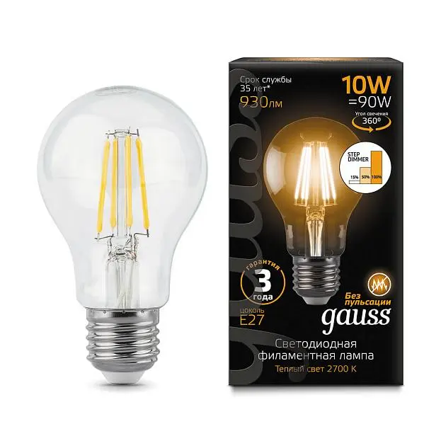 Лампа светодиодная диммируемая Gauss 102802110-S E27 10W 2700K прозрачная Лампа светодиодная диммируемая Gauss 102802110-S E27 10W 2700K прозрачная