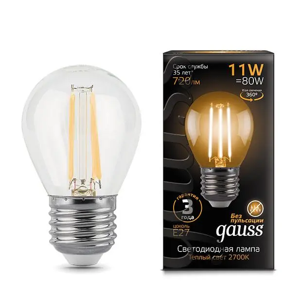 Лампа Gauss 105802111 E27 11W 2700K прозрачная Filament Globe Лампа Gauss 105802111 E27 11W 2700K прозрачная Filament Globe