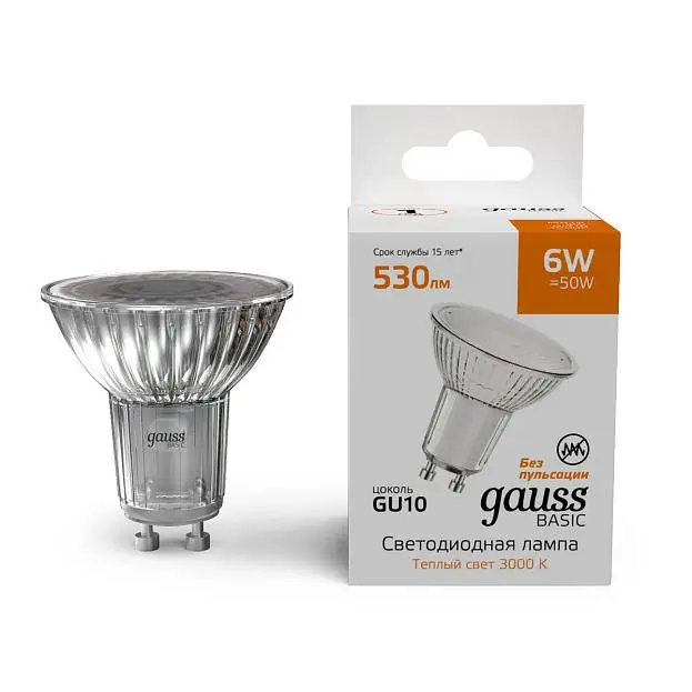 Лампа светодиодная GU10 6W 3000K матовая Gauss 10106162 Basic Лампа светодиодная GU10 6W 3000K матовая Gauss 10106162 Basic