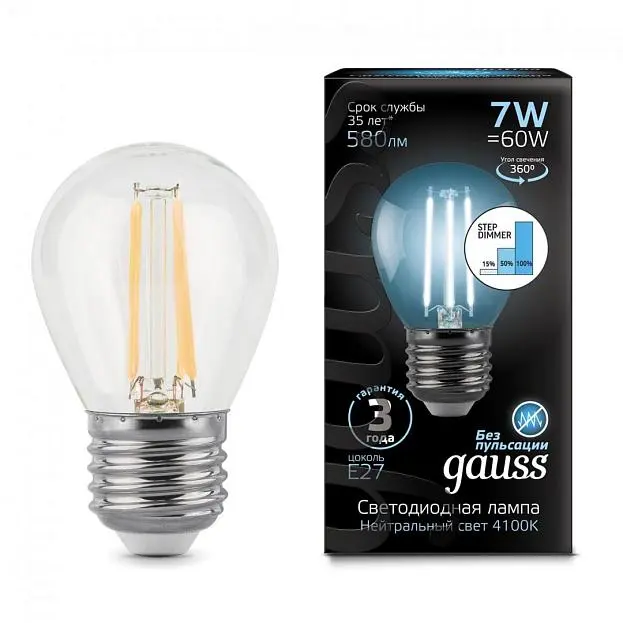 Лампа 105802207-S Gauss E27 7W 4100K прозрачная Лампа 105802207-S Gauss E27 7W 4100K прозрачная