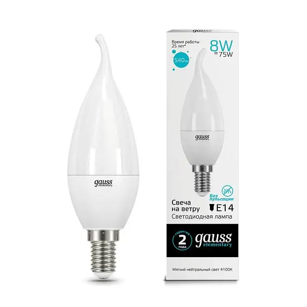 Лампа светодиодная Gauss 34128 E14 8W 4100K матовая Elementary Candle Лампа светодиодная Gauss 34128 E14 8W 4100K матовая Elementary Candle