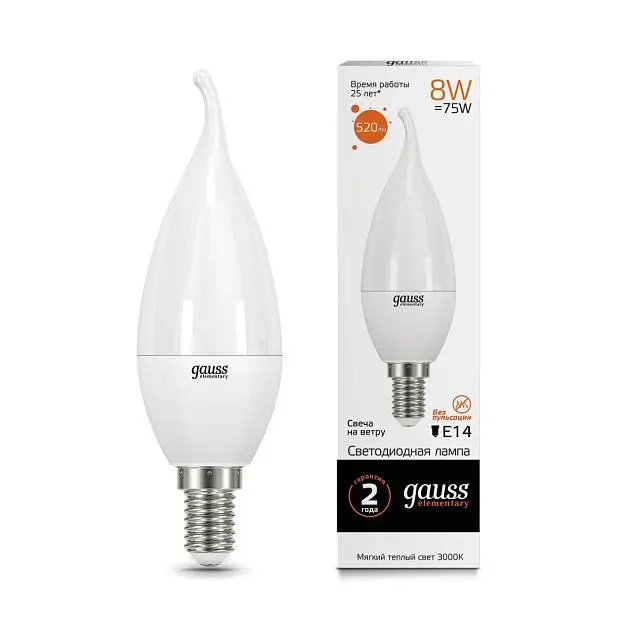 Лампа светодиодная Gauss 34118 E14 8W 3000K матовая Elementary Candle Лампа светодиодная Gauss 34118 E14 8W 3000K матовая Elementary Candle